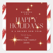 赤いエレガントストライプ祭日きらめくクリスマス スクエアシール (正面)