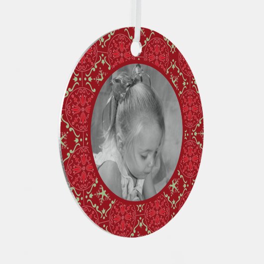 赤いエレガントスノーフレーク写真ウィンタークリスマス メタルオーナメント (正面右)