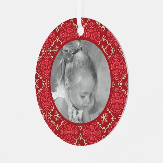 赤いエレガントスノーフレーク写真ウィンタークリスマス メタルオーナメント (正面左)