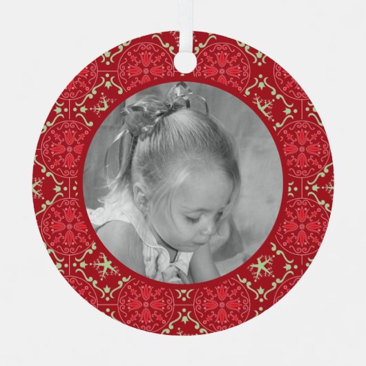 赤いエレガントスノーフレーク写真ウィンタークリスマス メタルオーナメント (正面)