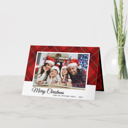 赤いエレガントタータンチェック格子模様クリスマスファミリー写真 シーズンカード (正面)