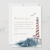 赤いエレガントダスキーブルーライトハウスシーウェーブ結婚ズ サンキューカード (正面)