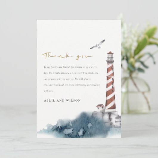 赤いエレガントダスキーブルーライトハウスシーウェーブ結婚ズ サンキューカード (スタンド正面)