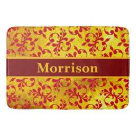 赤いエレガントダマスクと金ゴールドテクスチャ バスマット