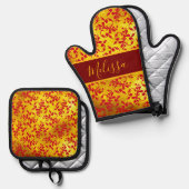 赤いエレガントダマスクと金ゴールドテクスチャ 鍋つかみ&鍋敷きセット (正面/裏面)