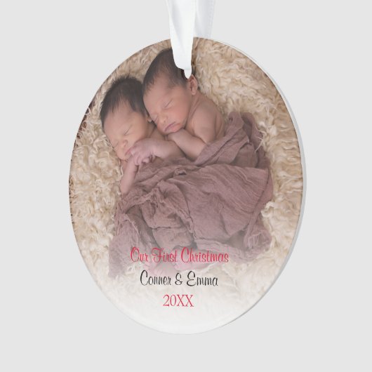 赤いエレガントツインフォトベビー初めてのクリスマス オーナメント (正面)