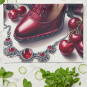 赤いエレガントハイヒールとさくらんぼ キッチンタオル (折り畳み)