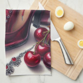 赤いエレガントハイヒールとさくらんぼ キッチンタオル (四つ折り)