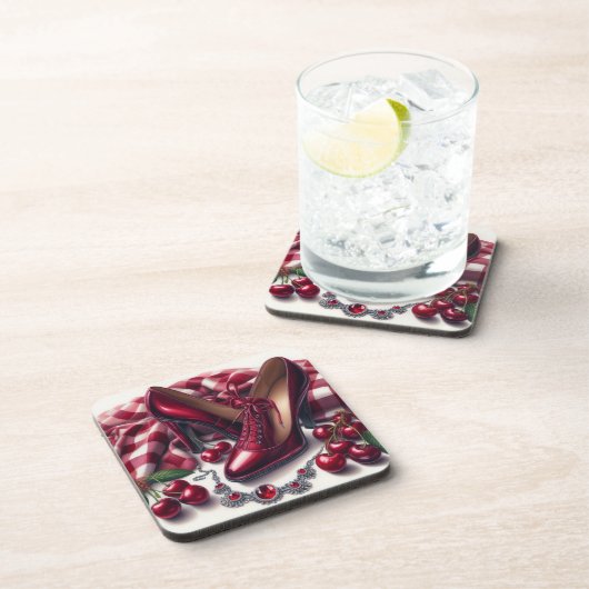 赤いエレガントハイヒールとさくらんぼ コースター (右側)