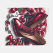 赤いエレガントハイヒールとさくらんぼ フリースブランケット (正面(横))