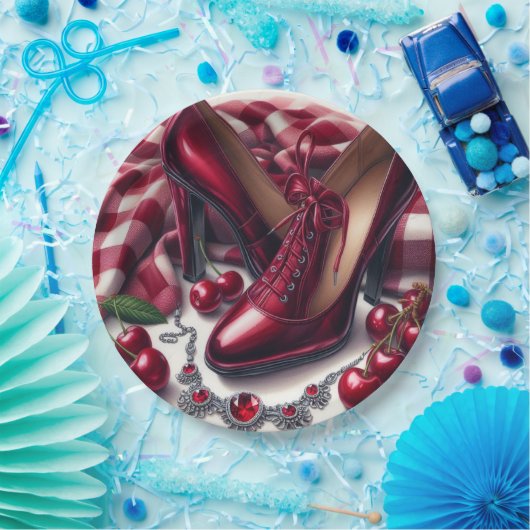 赤いエレガントハイヒールとさくらんぼ ペーパープレート (パーティー)