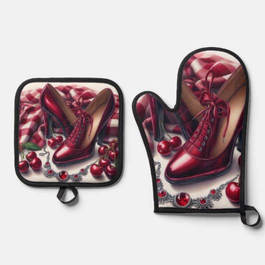 赤いエレガントハイヒールとさくらんぼ 鍋つかみ&鍋敷きセット (正面)