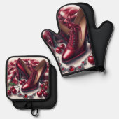 赤いエレガントハイヒールとさくらんぼ 鍋つかみ&鍋敷きセット (正面/裏面)