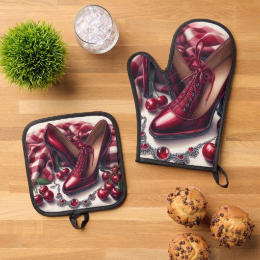 赤いエレガントハイヒールとさくらんぼ 鍋つかみ&鍋敷きセット (トップダウン)