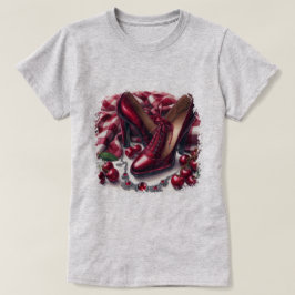 赤いエレガントハイヒールとさくらんぼ Tシャツ