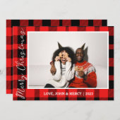 赤いエレガントバッファローのプレイドクリスマスカップルの写真 シーズンカード (正面/裏面)