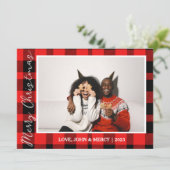 赤いエレガントバッファローのプレイドクリスマスカップルの写真 シーズンカード (スタンド正面)