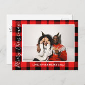 赤いエレガントバッファローのプレイドクリスマスカップルの写真 シーズンポストカード (正面/裏面)