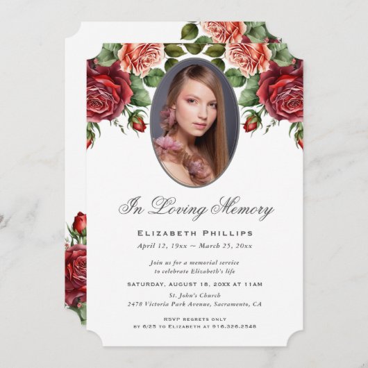 赤いエレガントバラのフローラ写真を愛の記憶に 招待状 (正面/裏面)