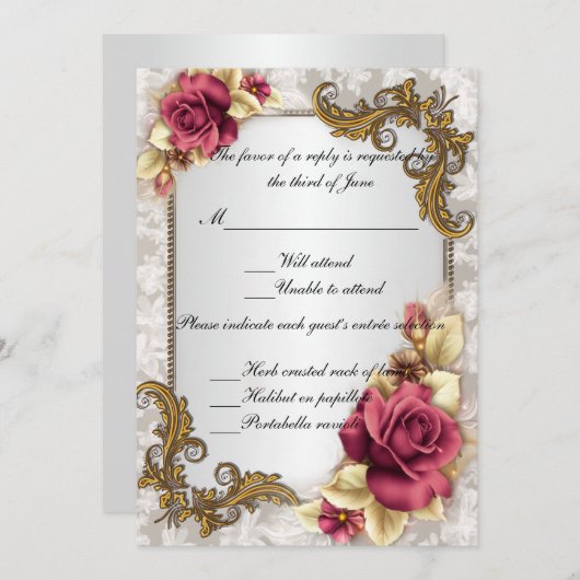 赤いエレガントバラの応答カード 招待状 (正面/裏面)