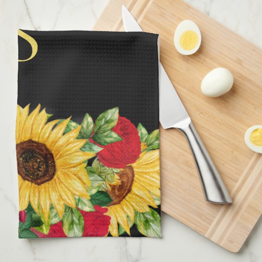 赤いエレガントバラ黄色ひまわりブラックモノグラム キッチンタオル (四つ折り)
