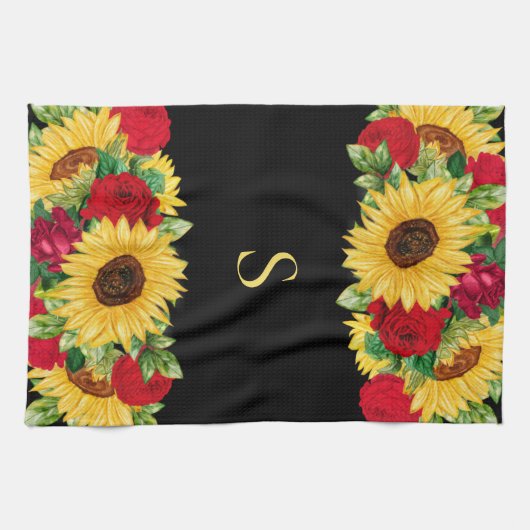 赤いエレガントバラ黄色ひまわりブラックモノグラム キッチンタオル (横)