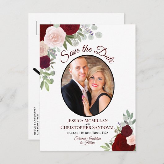 赤いエレガントバラ&フォトウェディング日付を保存 案内ポストカード (正面/裏面)