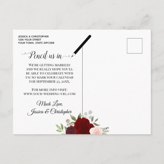 赤いエレガントバラ&フォトウェディング日付を保存 案内ポストカード (裏面)