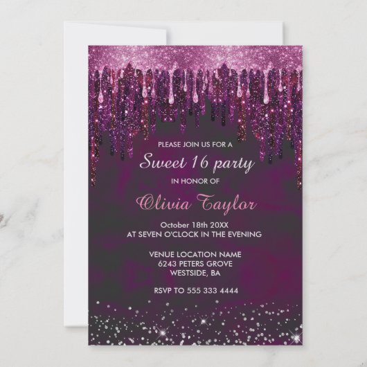 赤いエレガントピンクのドリップスグリッターバルーン甘い16 i 招待状 (裏面)