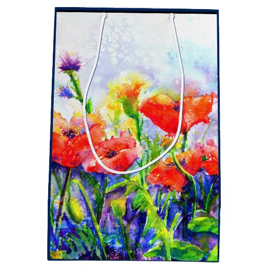 赤いエレガントフローラの絵を描水の色 ミディアムペーパーバッグ (裏面)