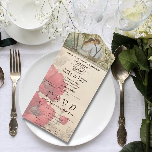 赤いエレガントフローラポピーon Cream Coule写真 オールインワン招待状