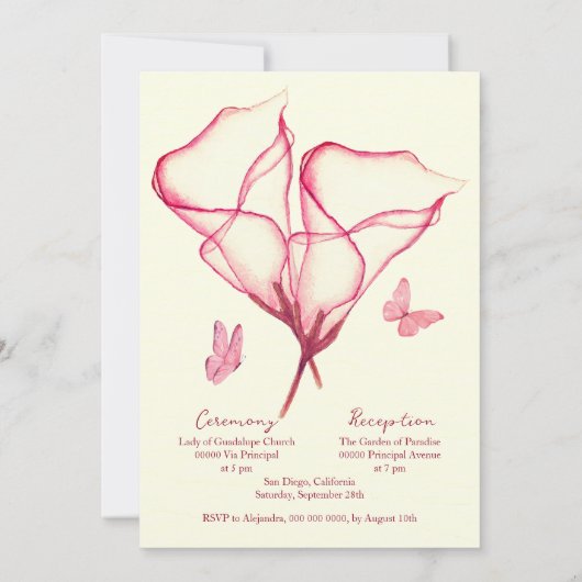 赤いエレガントフローラリリーウォーターカラーキンセアニラ 招待状 (裏面)