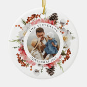 赤いエレガントフローラ家族の写真クリスマス セラミックオーナメント (正面)