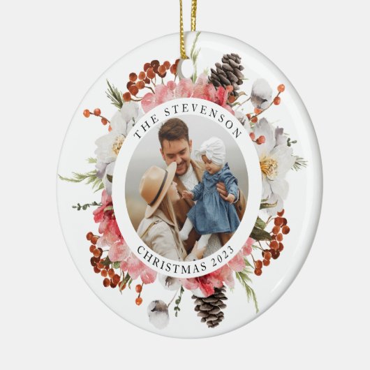 赤いエレガントフローラ家族の写真クリスマス セラミックオーナメント (左)