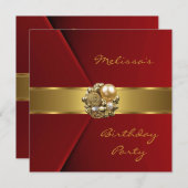 赤いエレガントベフェイクルベット金ゴールド宝石 招待状 (正面/裏面)