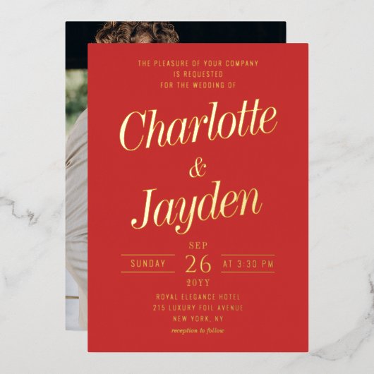赤いエレガントホイルのスクリプ結婚ト写真 箔招待状 (正面/裏面)