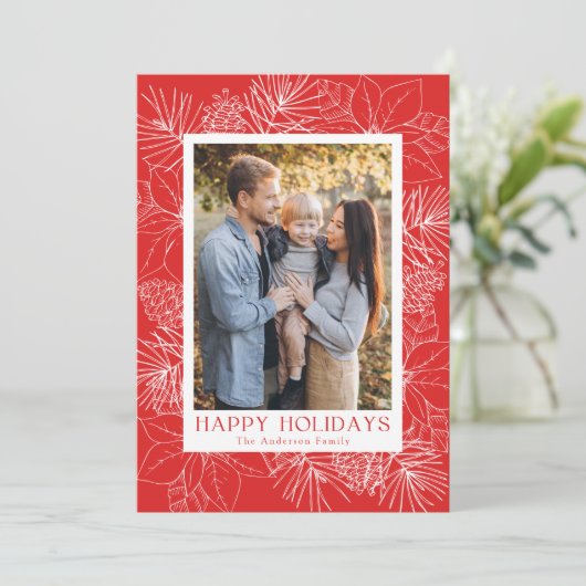 赤いエレガントポインセチアと松の円錐写真 シーズンカード (スタンド正面)