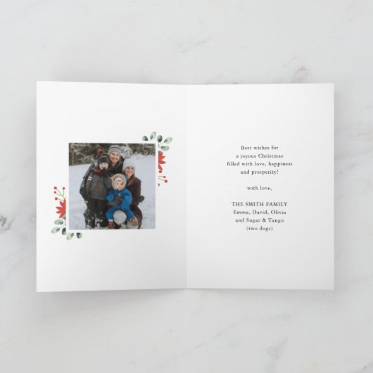 赤いエレガントポインセチアフローラモダンスクリプト シーズンカード (内部)