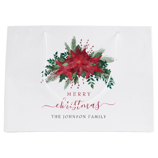 赤いエレガントポインセチア文字クリスマス ラージペーパーバッグ (正面)