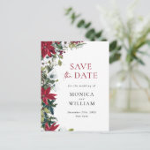 赤いエレガントポインセチア結婚式の日付を保存 ポストカード (スタンド正面)