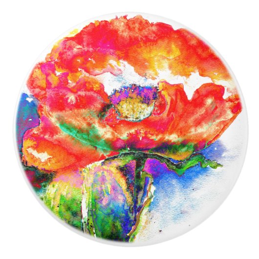 赤いエレガントポピークラシック赤いフローラ水色 セラミックノブ (正面)