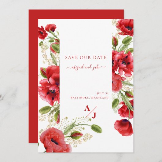 赤いエレガントポピーフローラ セーブザデート (正面/裏面)