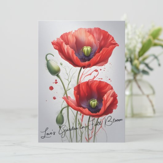 赤いエレガントポピー記念日カード – タイムレス 招待状 (スタンド正面)