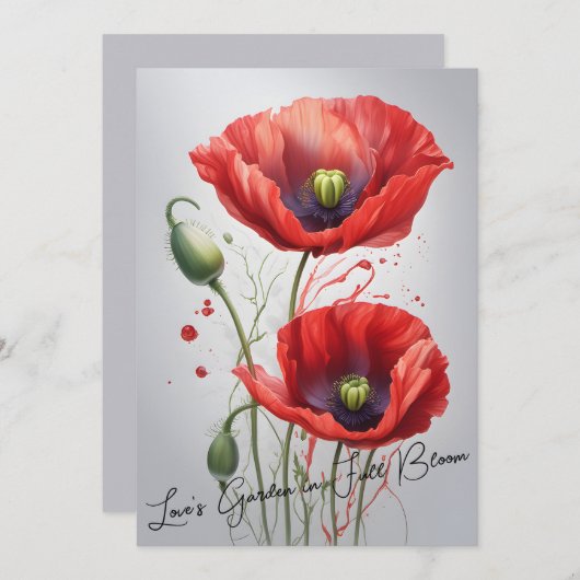 赤いエレガントポピー記念日カード – タイムレス 招待状 (正面/裏面)