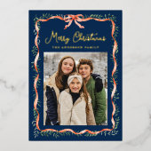 赤いエレガントリボンと緑の海軍2の写真 箔シーズンカード (正面)