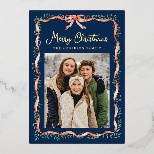 赤いエレガントリボンと緑の海軍2の写真 箔シーズンカード (正面)