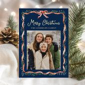 赤いエレガントリボンと緑の海軍2の写真 箔シーズンカード