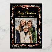 赤いエレガントリボンと緑の黒2枚の写真 箔シーズンカード (正面)