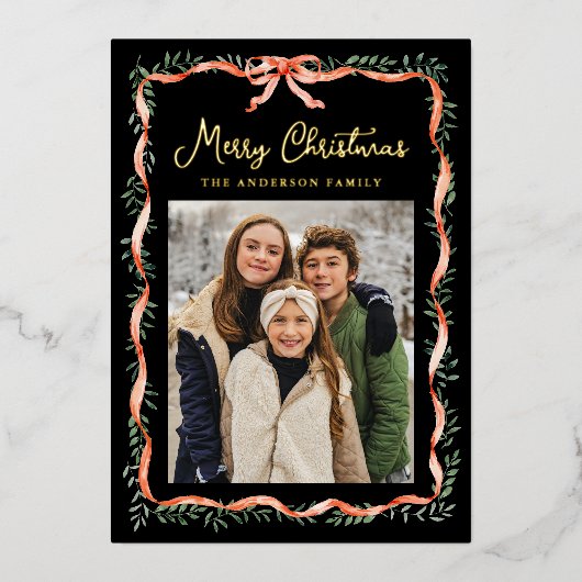 赤いエレガントリボンと緑の黒2枚の写真 箔シーズンカード (正面)