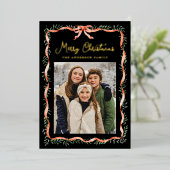 赤いエレガントリボンと緑の黒2枚の写真 箔シーズンカード (立ち正面)